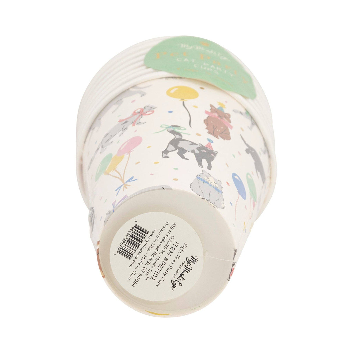 Bottom view of Cat Party Cups showing label and barcode