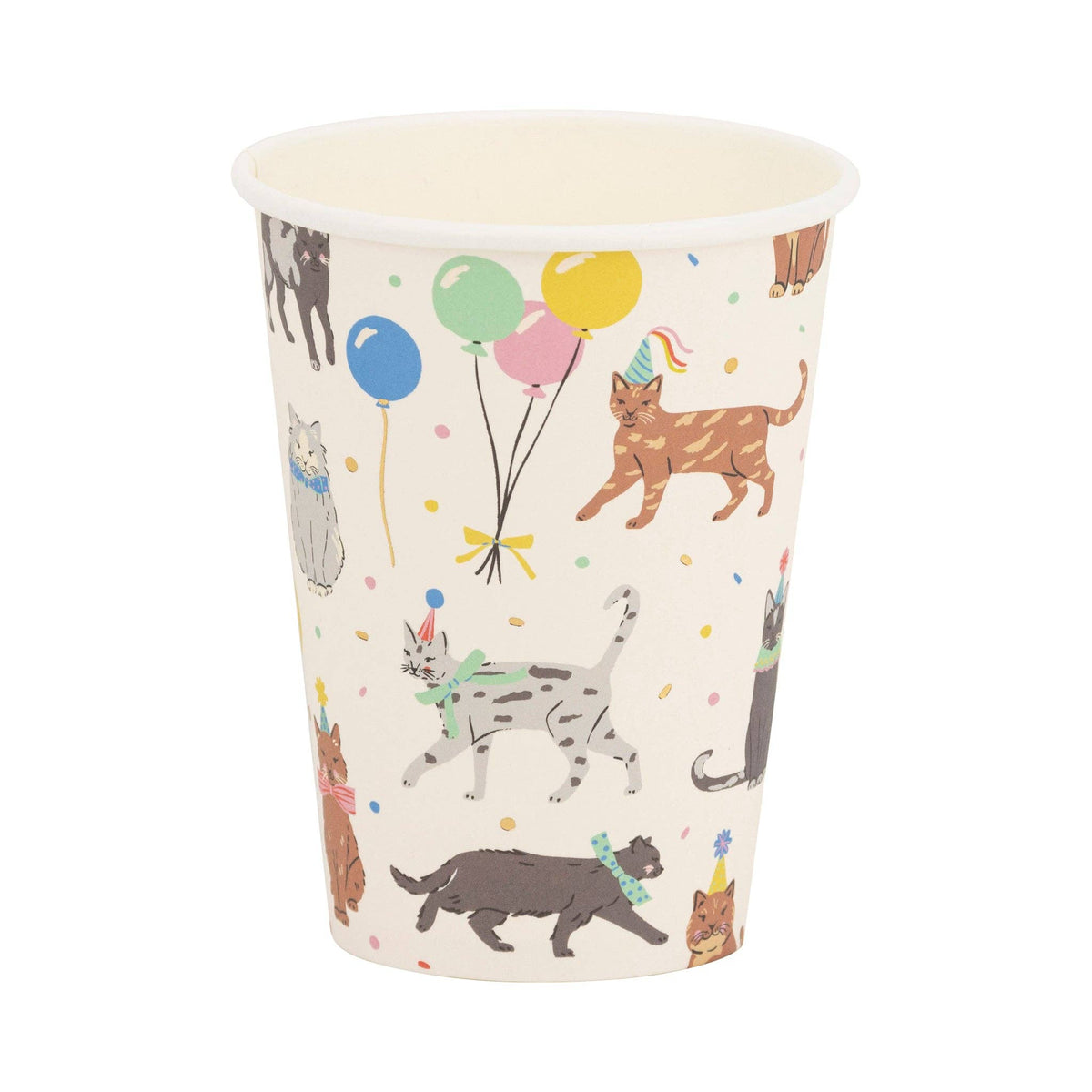 Cat Party Cup with colorful illustrated cats and balloons