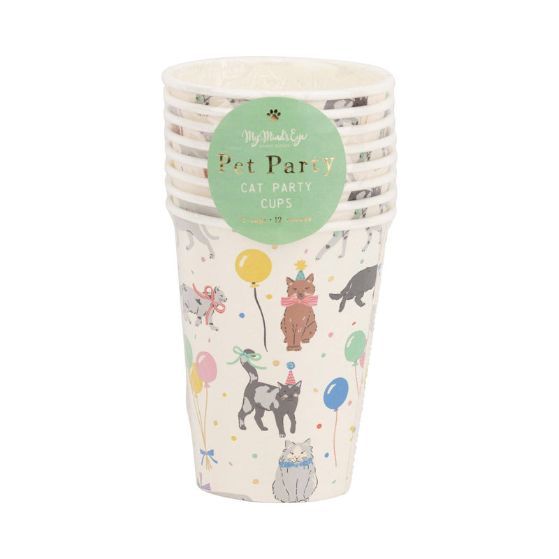 Stack of Cat Party Cups in packaging labeled Pet Party Cat Cups
