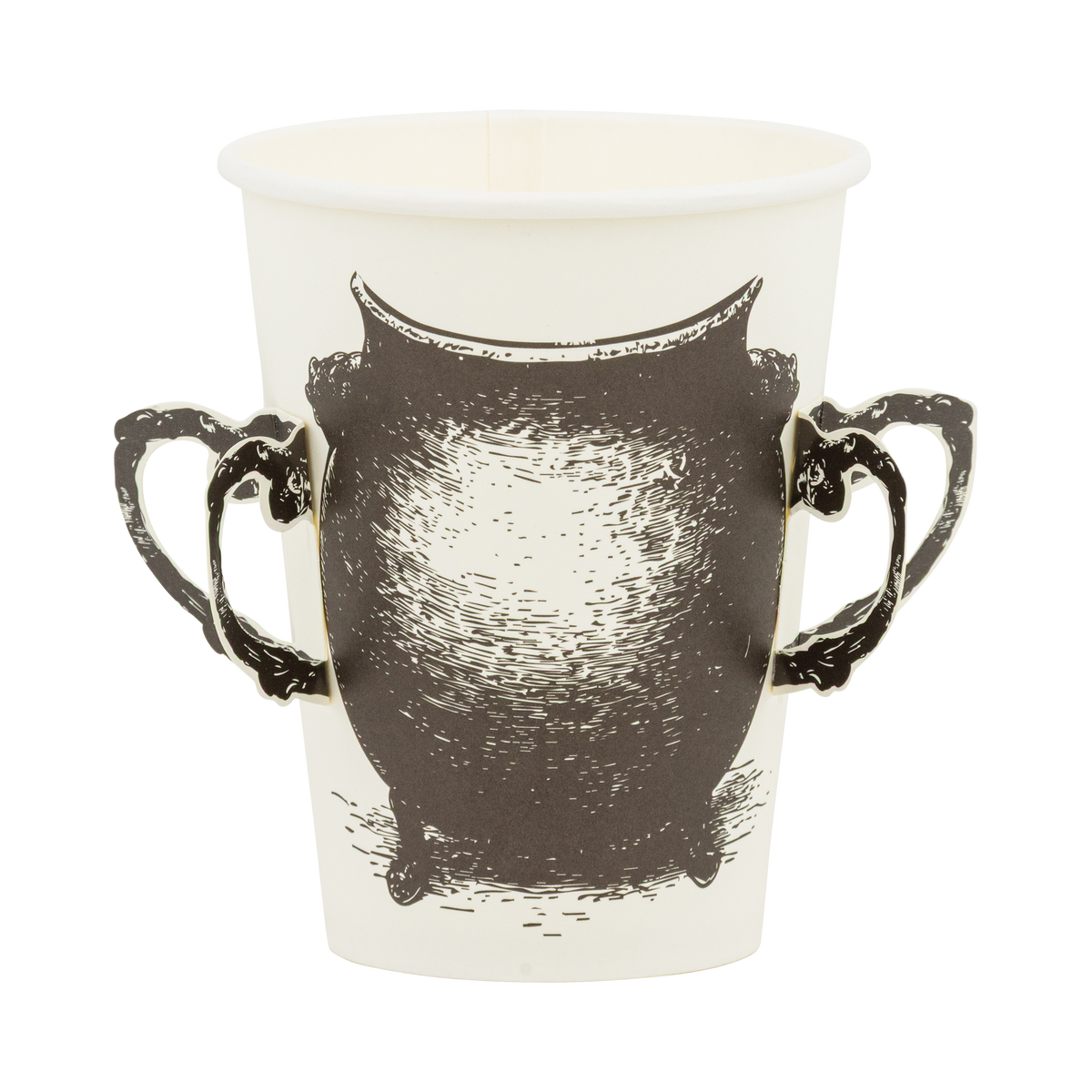 White paper cup with a black cauldron design and adhesive handles attached, shown straight-on as the main product image.
