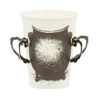White paper cup with a black cauldron design and adhesive handles attached, shown straight-on as the main product image.
