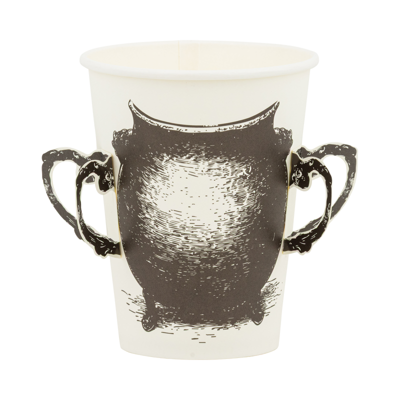White paper cup with a black cauldron design and adhesive handles attached, shown straight-on as the main product image.
