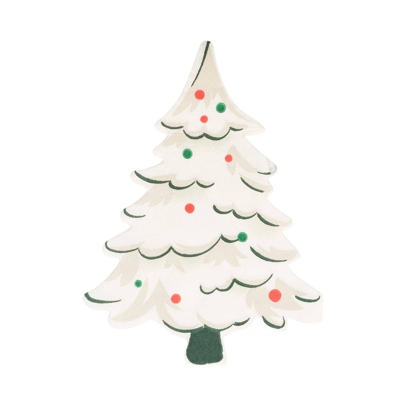 Single Retro Tree Dinner Napkin shaped like a Christmas tree with green trim and festive red and green dots.