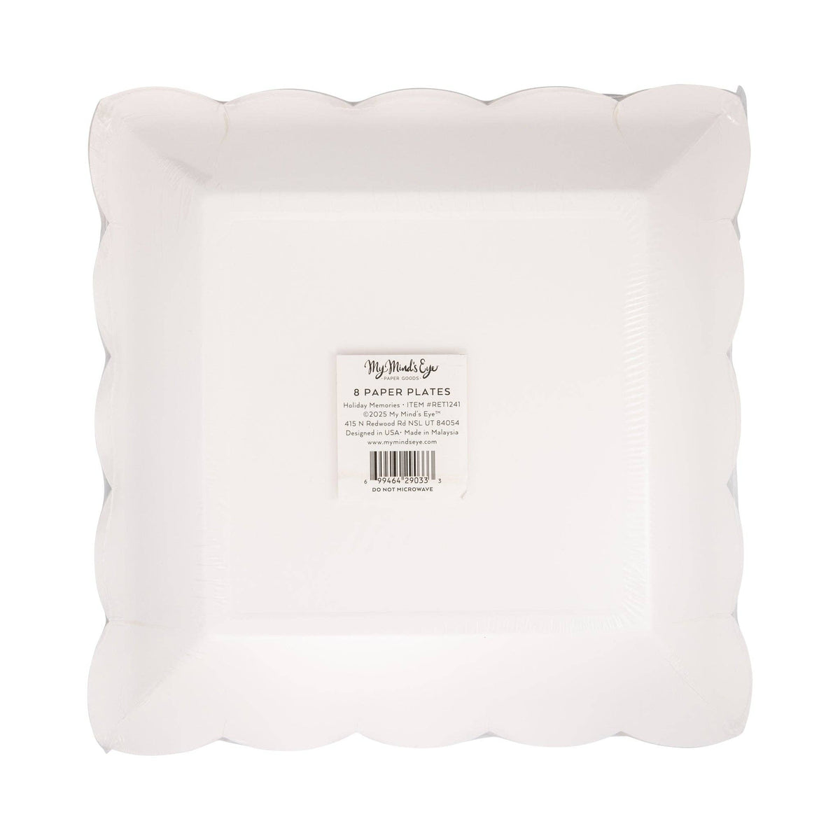 Back view of packaged Retro Holiday Pattern Paper Plates showing label and barcode.