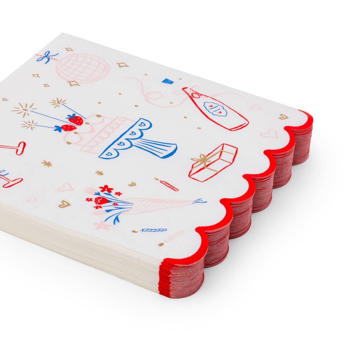 Angled stack of white large birthday party napkins with illustrated celebration icons and red scalloped edge on white background