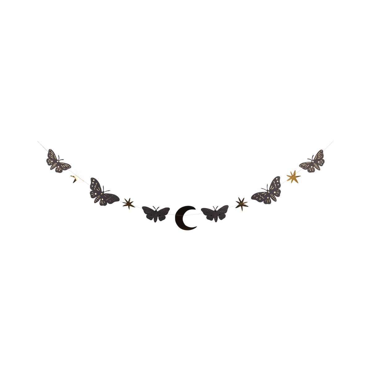 Overhead shot of the 6 ft celestial moths and stars paper party banner laid out flat, displaying gold foil stars, moths, and crescent moon.