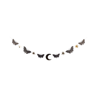 Overhead shot of the 6 ft celestial moths and stars paper party banner laid out flat, displaying gold foil stars, moths, and crescent moon.