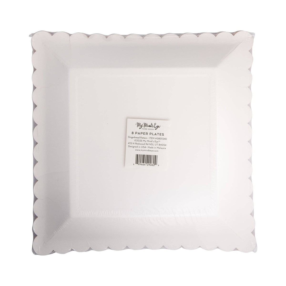 Back view of Gingerbread Pattern Plates packaging showing scalloped edge and product label.