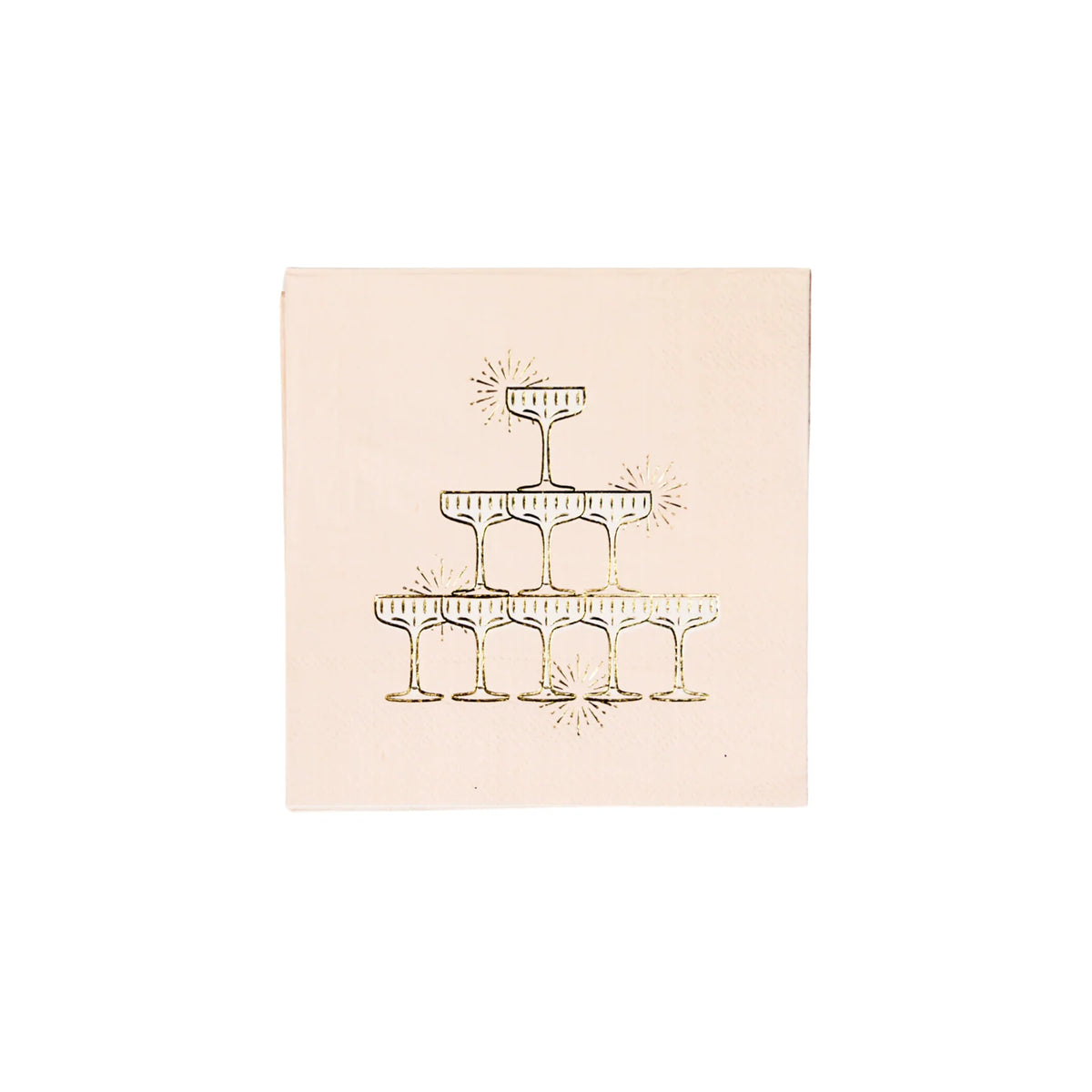Single blush cocktail napkin printed with a gold foil champagne tower of stacked coupe glasses and sparkle accents on a white background