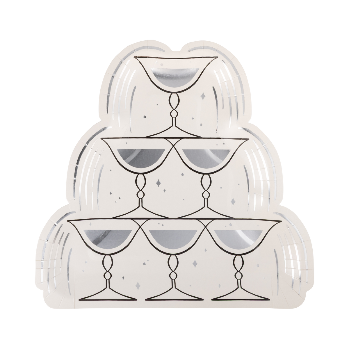 Cream champagne tower shaped paper dinner plate with black and silver detail and silver foil accents