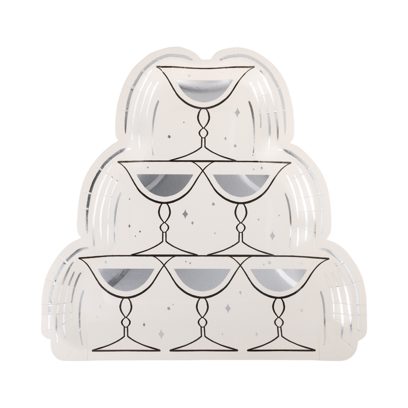 Cream champagne tower shaped paper dinner plate with black and silver detail and silver foil accents