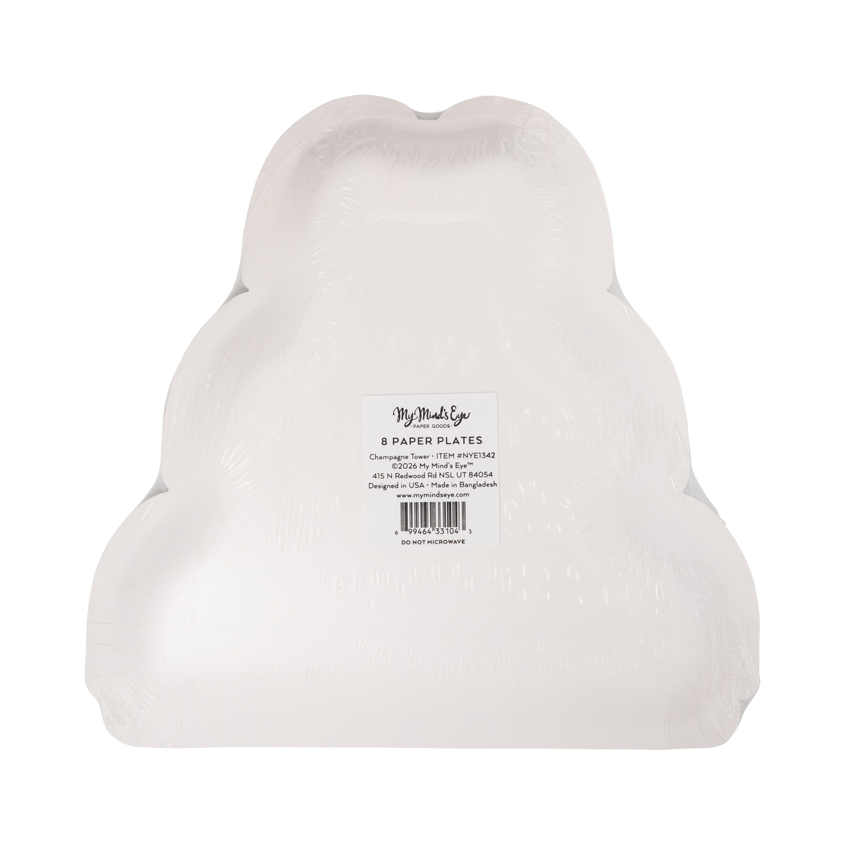 Champagne tower shaped paper dinner plates shown in back packaging