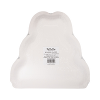 Champagne tower shaped paper dinner plates shown in back packaging