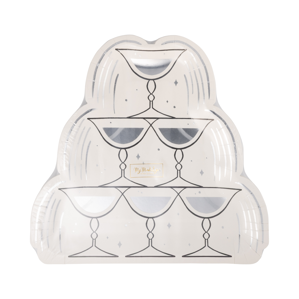 Close-up of the champagne tower shaped paper dinner plate design