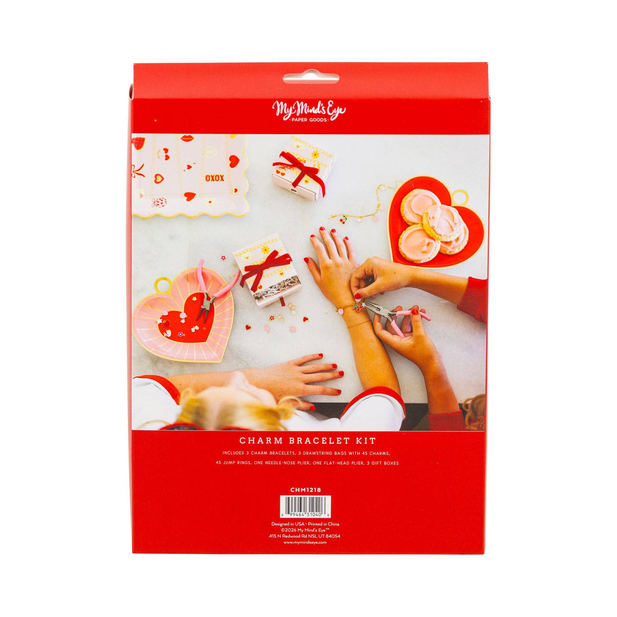 Back of Charm Bracelet Kit packaging showing bracelet-making activity and Valentine party setup.