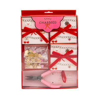 Charm Bracelet Kit packaging showing Valentine-themed charms, bracelet supplies, and pink-handled pliers.
