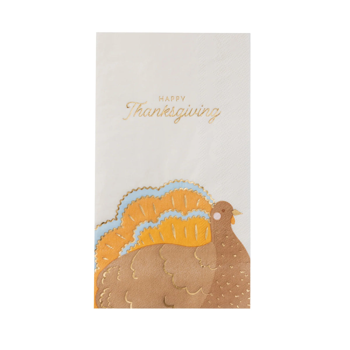 Single white guest towel with gold “Happy Thanksgiving” and turkey illustration, front view.