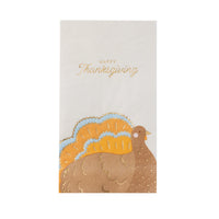 Single white guest towel with gold “Happy Thanksgiving” and turkey illustration, front view.