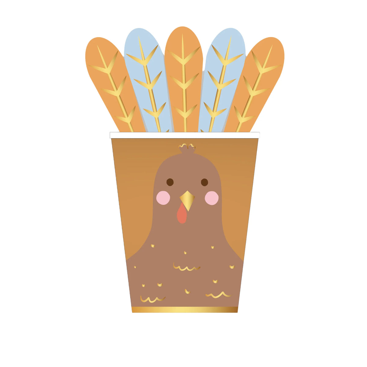 9-oz paper cup with a turkey face and adhesive feather toppers arranged behind the rim.