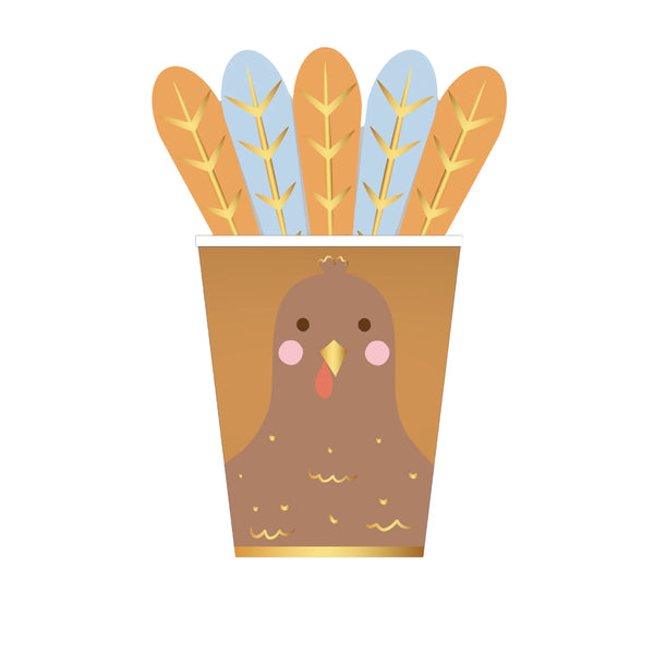 9-oz paper cup with a turkey face and adhesive feather toppers arranged behind the rim.