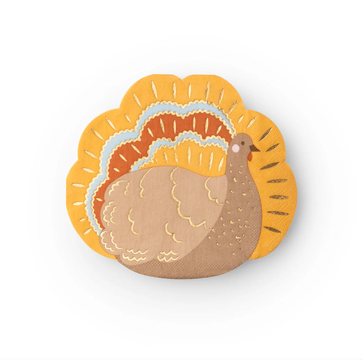 Single turkey-shaped napkin with yellow tail and gold details, front view.