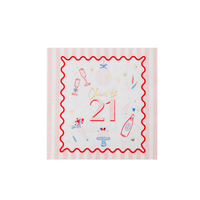 Single pink striped cocktail napkin with Cheers to 21 gold script and champagne disco ball birthday cake icons with red wavy border on white background