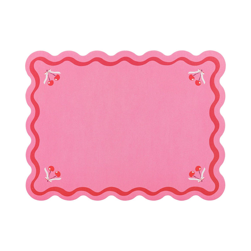Pink cherries paper placemat with scalloped edges