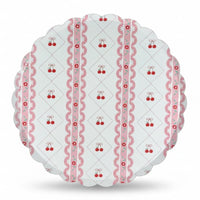 Single 10-inch paper plate with cherry lattice pattern and scalloped lace border