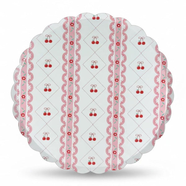 Single 10-inch paper plate with cherry lattice pattern and scalloped lace border