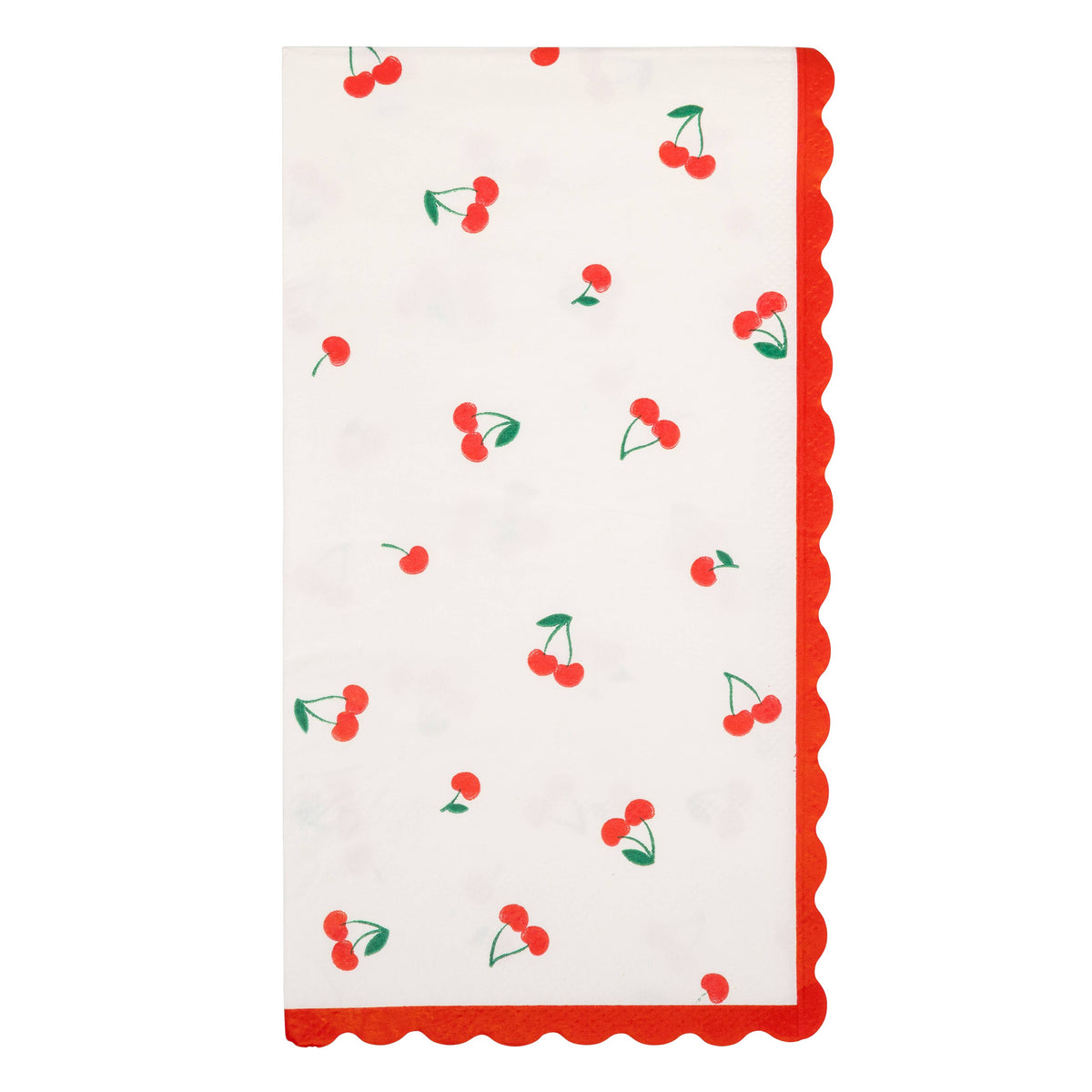 Cherry patterned dinner napkin with small red cherries and red scalloped border.
