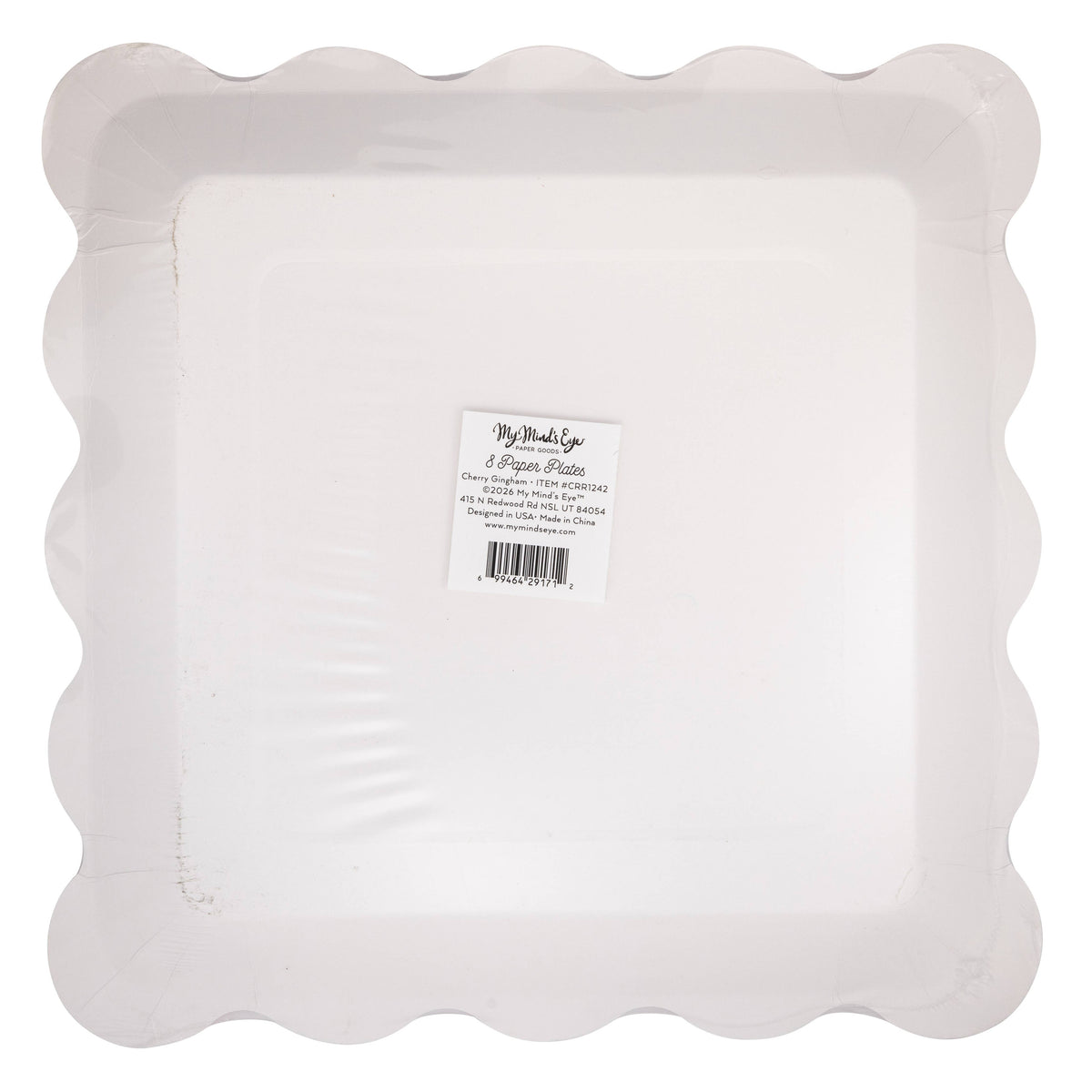 Back of cherry gingham plate packaging showing product label.