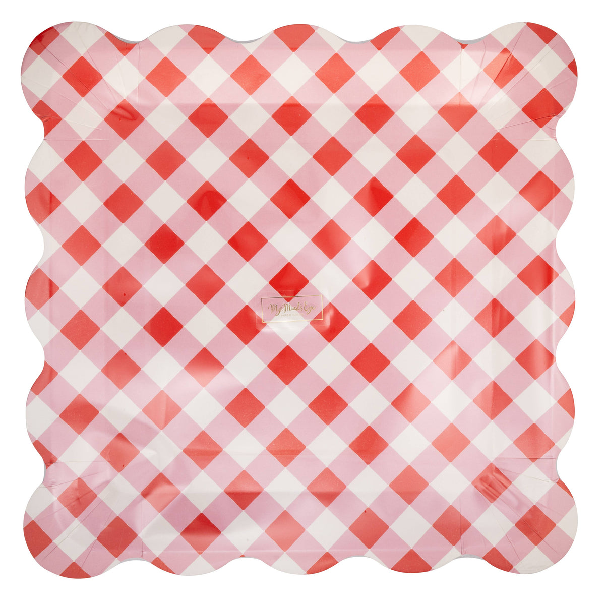 Packaged cherry gingham party plates wrapped in plastic.
