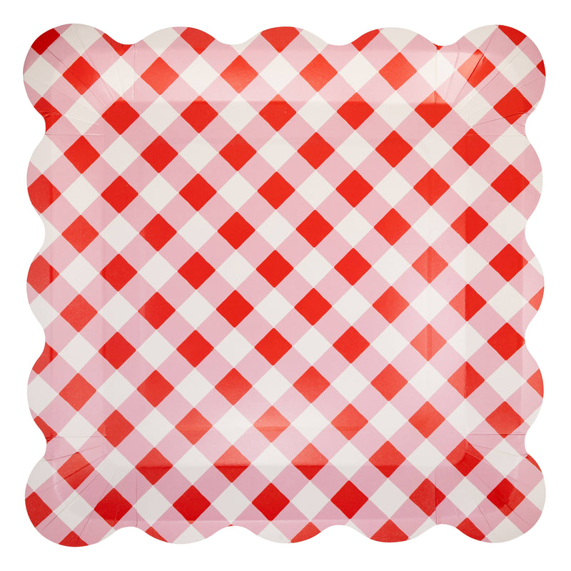 Red cherry gingham scalloped paper plate with classic picnic pattern.
