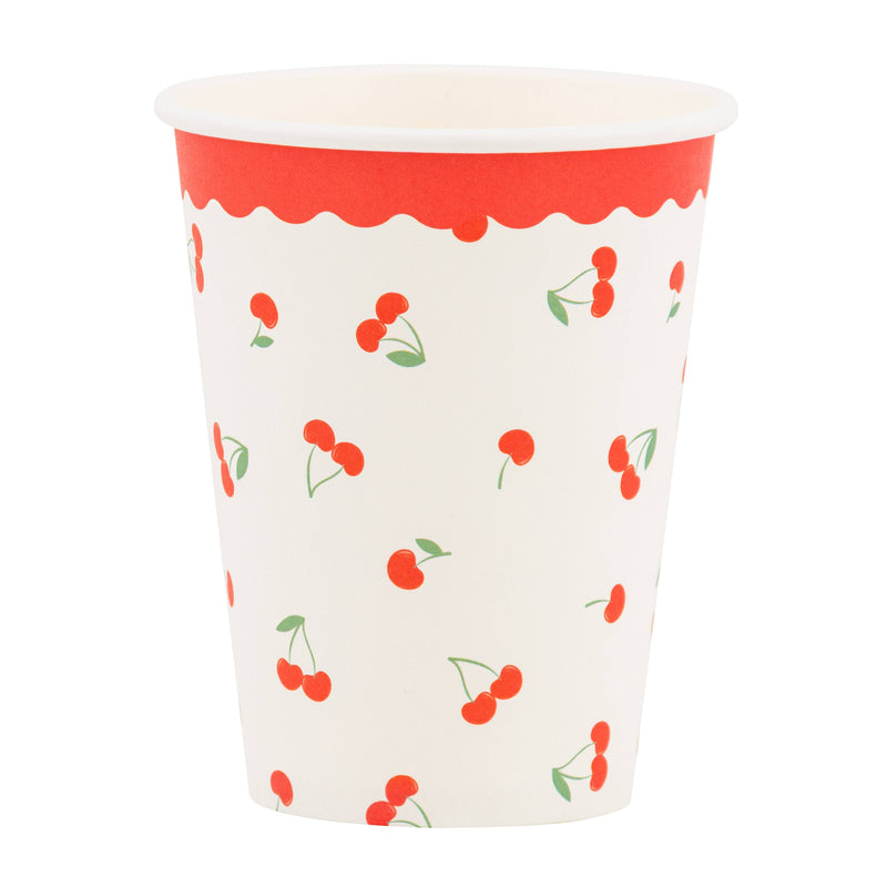 Cherry print paper party cup with red scalloped rim and small cherry pattern.
