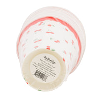 Bottom view of cherry party cups stack with product label visible.