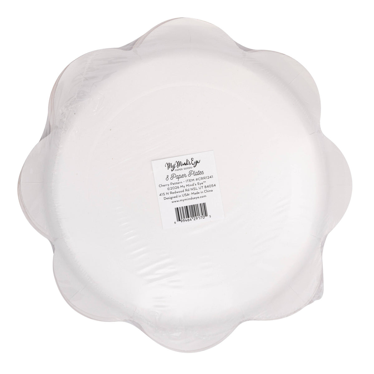 Back of cherry pattern plates packaging with product label.