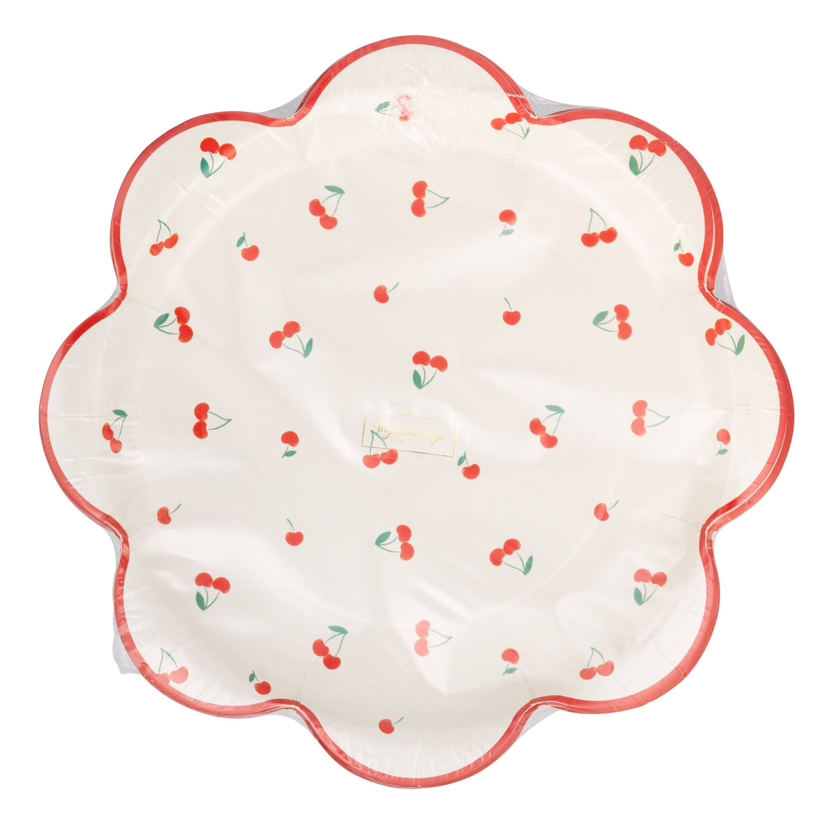 Packaged cherry pattern scalloped plates wrapped in plastic.
