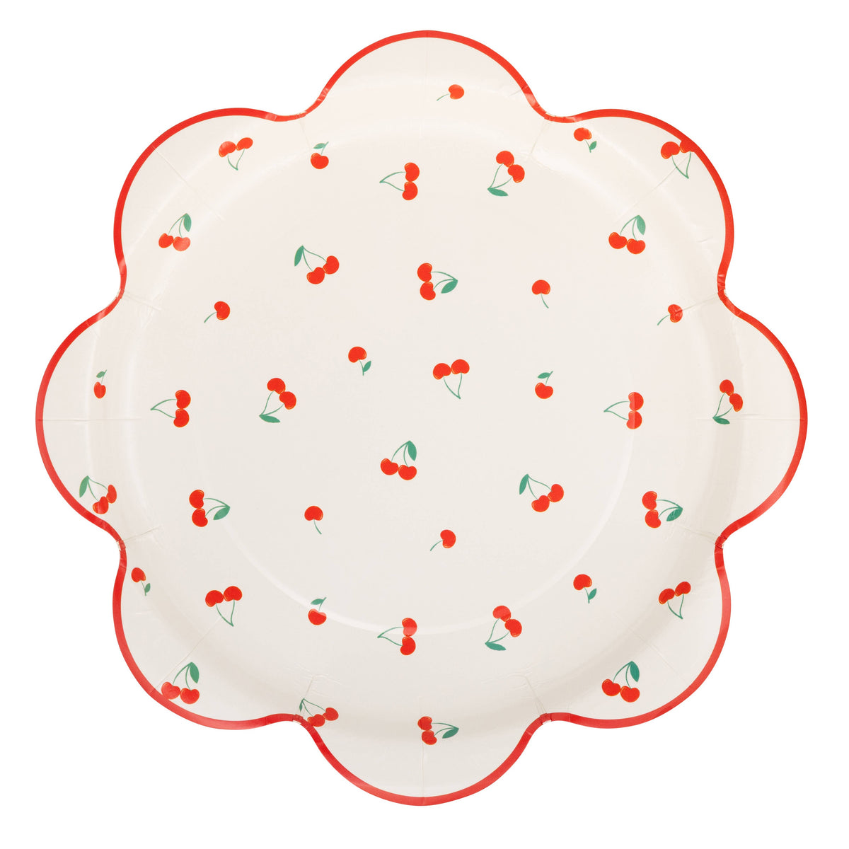 Cherry pattern scalloped paper plate with red cherry design on cream background.
