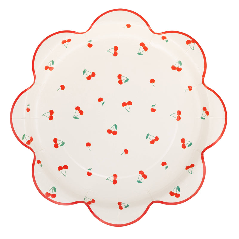 Cherry pattern scalloped paper plate with red cherry design on cream background.
