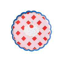 cherry pie small paper plate with red white blue lattice design and scalloped edge.