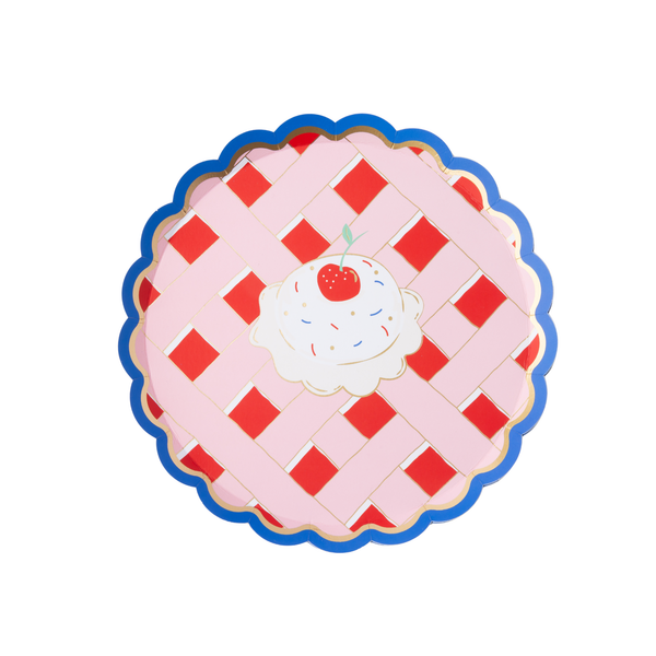 cherry pie small paper plate with red white blue lattice design and scalloped edge.