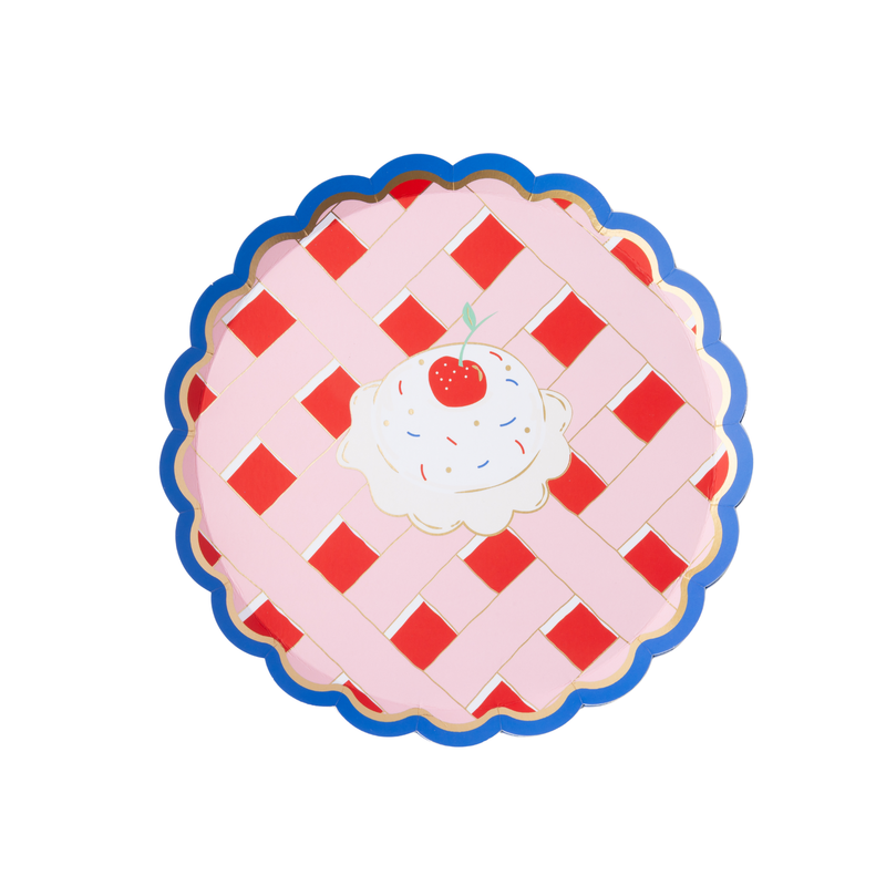 cherry pie small paper plate with red white blue lattice design and scalloped edge.