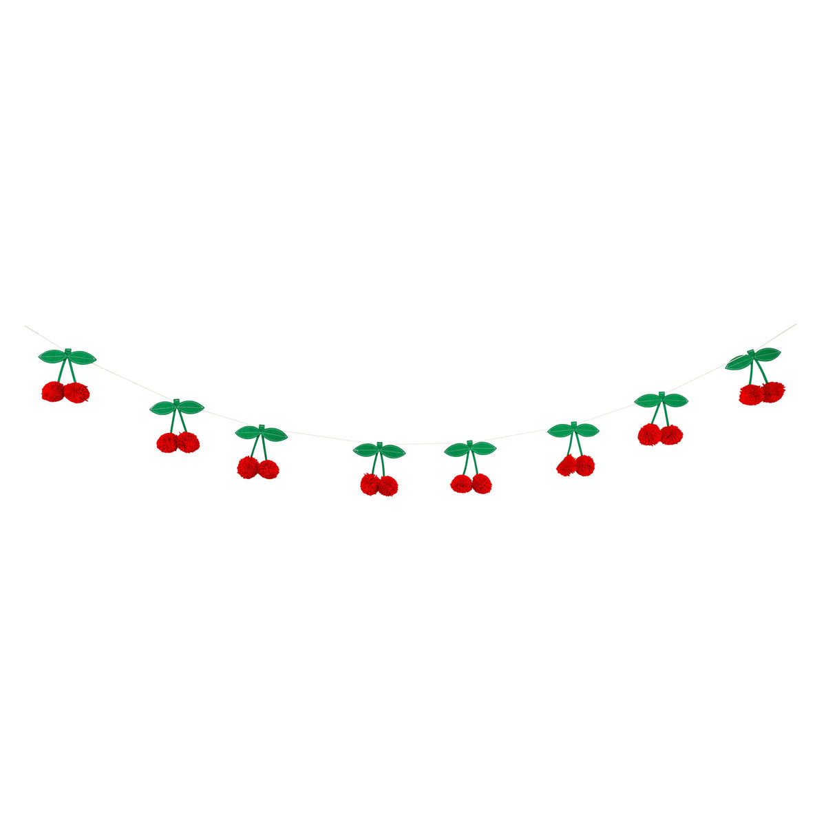 Cherry pom pom banner with green felt leaves and red pom pom cherries strung along twine.
