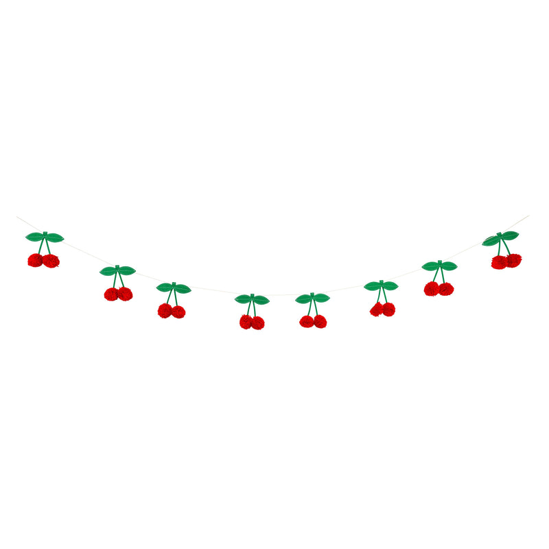 Cherry pom pom banner with green felt leaves and red pom pom cherries strung along twine.

