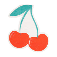 Cherry shaped paper napkin with red cherries and green leaf detail.
