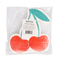 Back of packaged cherry shaped napkins showing product label and barcode.