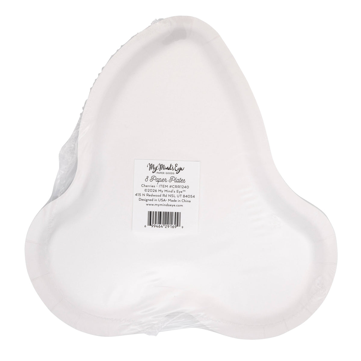 Back view of cherry shaped plates packaging showing product label.