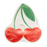 Packaged cherry shaped paper plates wrapped in plastic.
