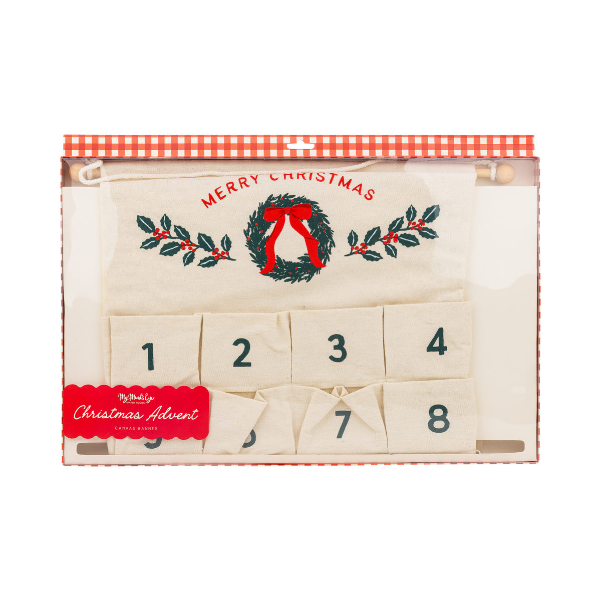 Christmas advent canvas banner in retail packaging with red gingham trim