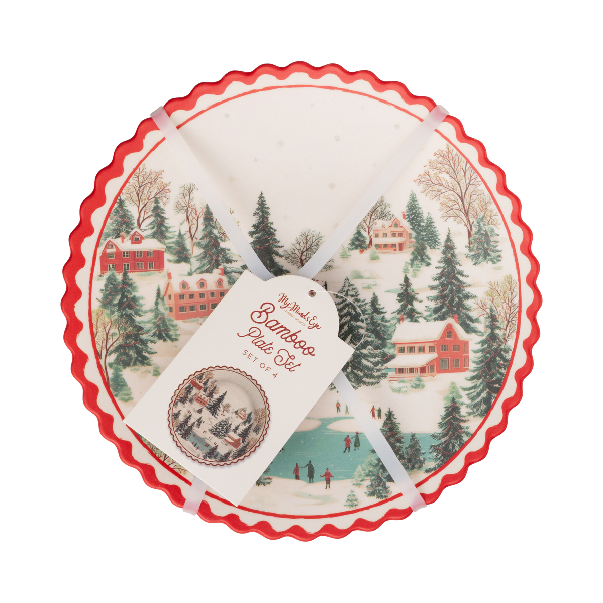 Packaging front for the bamboo plate set showing a plate and a coordinating mug through the window.